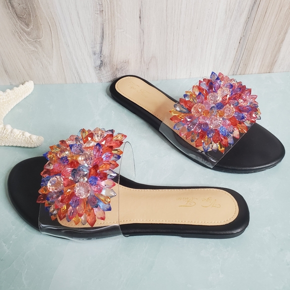 Shoes - Crystal Embellished Clear Open Toe Slides
